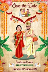 Tadhasthu - Save The Date Card In Telugu Style, Orange Theme With Caricature card