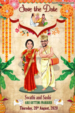 Tadhasthu - Save The Date Card In Telugu Style, Orange Theme With Caricature