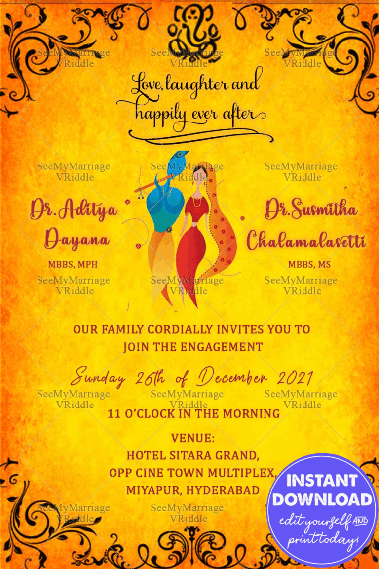 Radha Krishna Golden Yellow Wedding Invitation Card