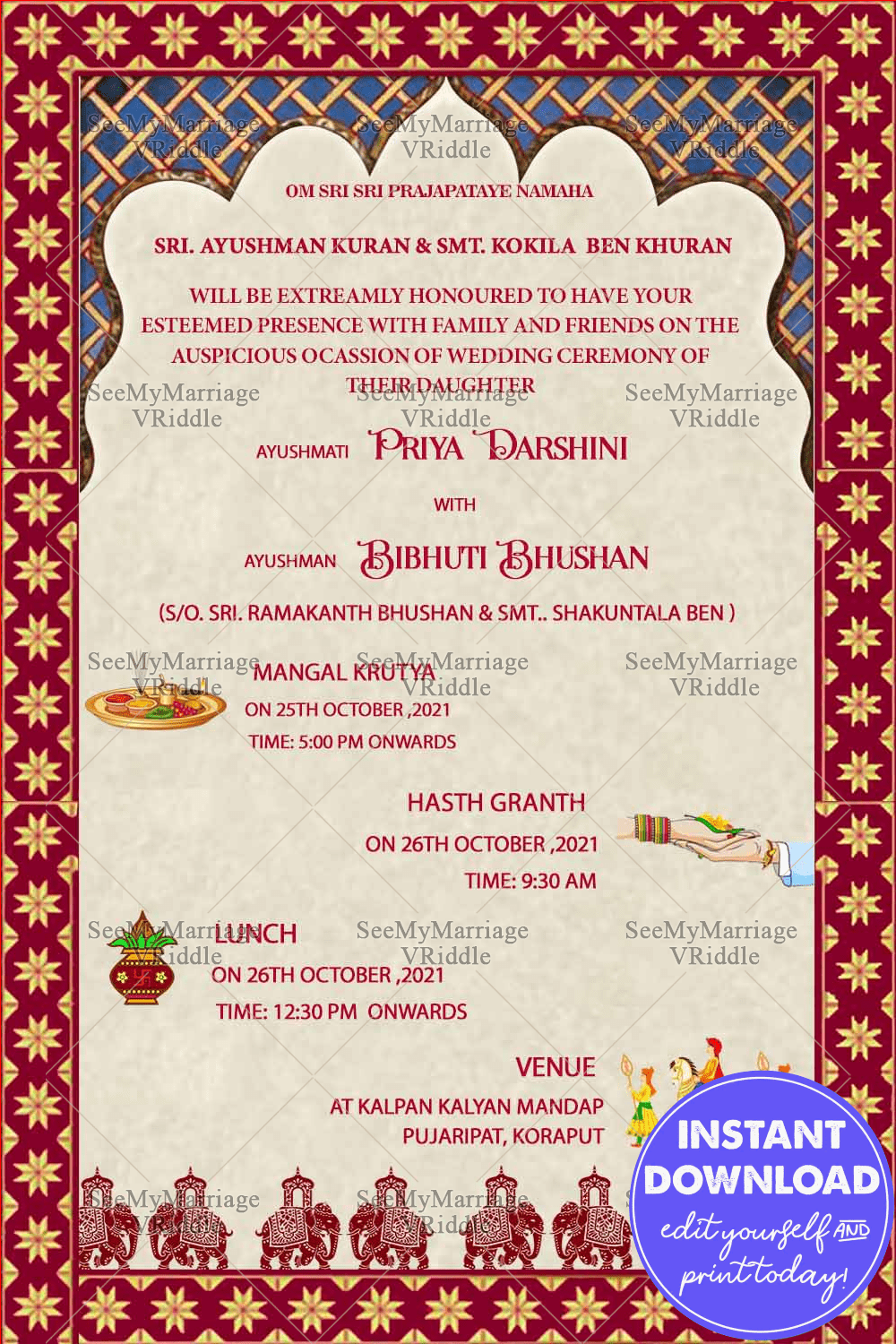 Traditional Red And Blue Theme Odiya Wedding Invitation Card