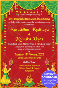 Nischayam Traditional Red And Green Theme Wedding Invitation Card With Wedding Cliparts