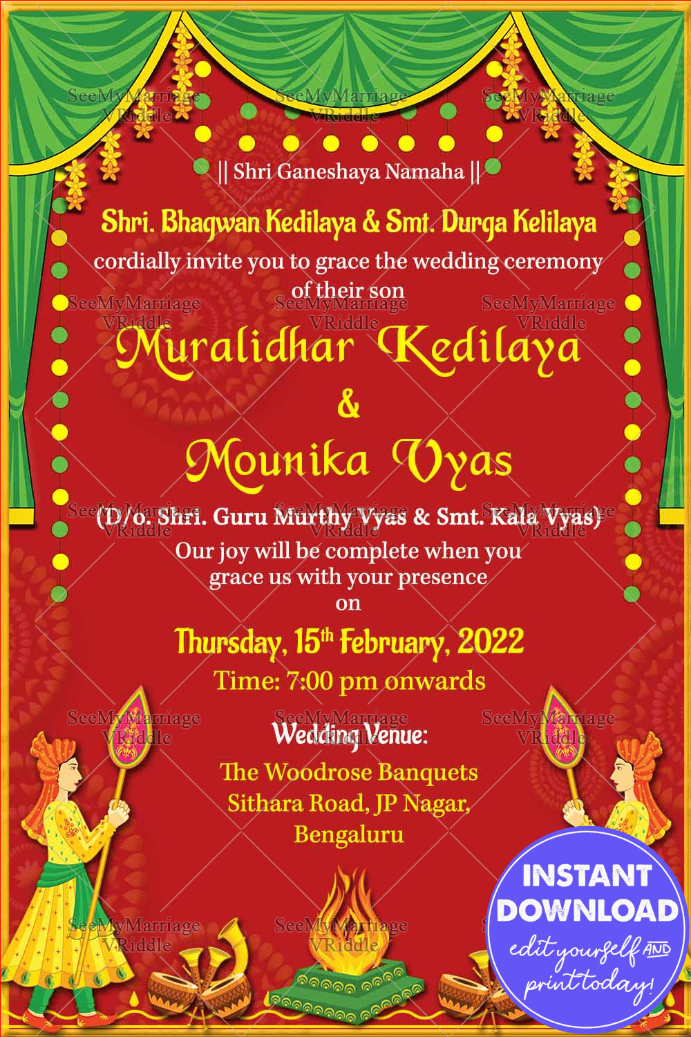 Nischayam Traditional Red And Green Theme Wedding Invitation Card With Wedding Cliparts