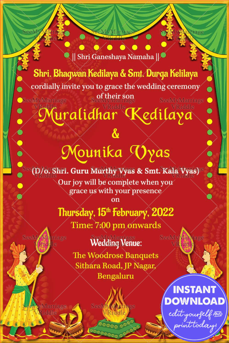 Nischayam Traditional Red And Green Theme Wedding Invitation Card With Wedding Cliparts