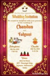 Odia, Odisha Wedding Card, Hindu, Traditional, Lord Puri Jagannadh, Lord Krishna, Sehnai, Kalash, Invitation, Save the Date Card, Red theme, Golden Diya, Hangings, Flowers, Temples