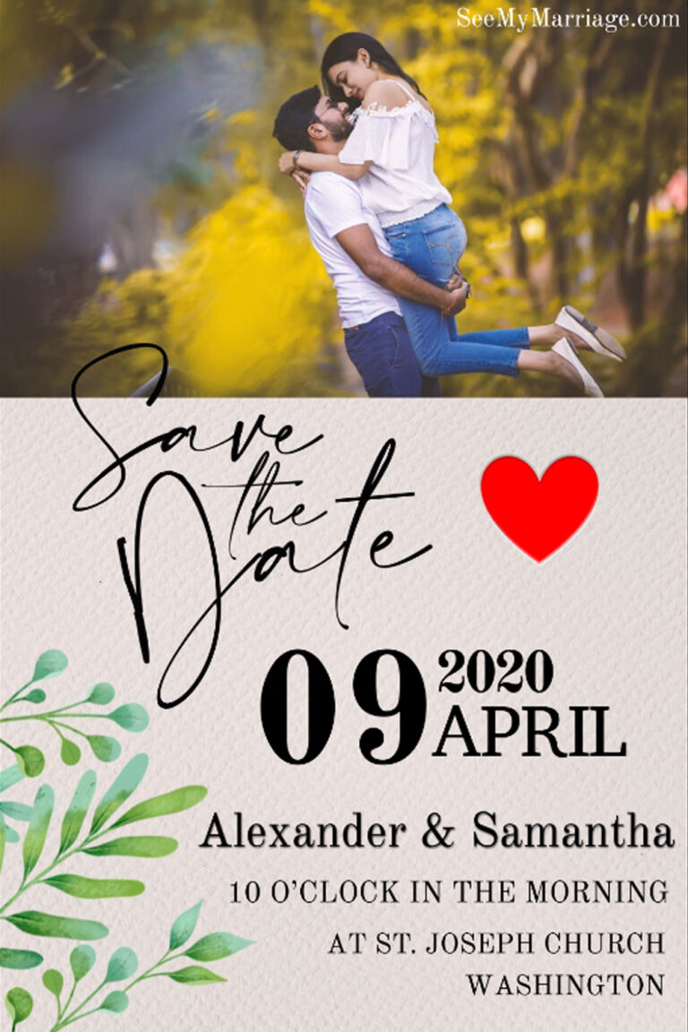 Simple Wedding Save The Date Invitation With Animated Leaves & Couple Picture | ID: 11778
