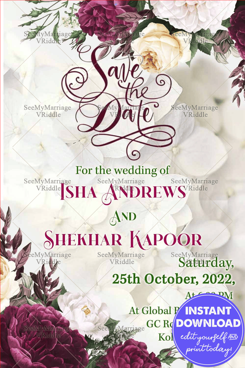 Burgundy Floral Save The Date Card