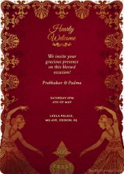 Traditional Red Theme Half Saree Function Invitation Card With Golden Text