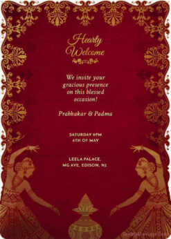 Traditional Red Theme Half Saree Function Invitation Card With Golden Text