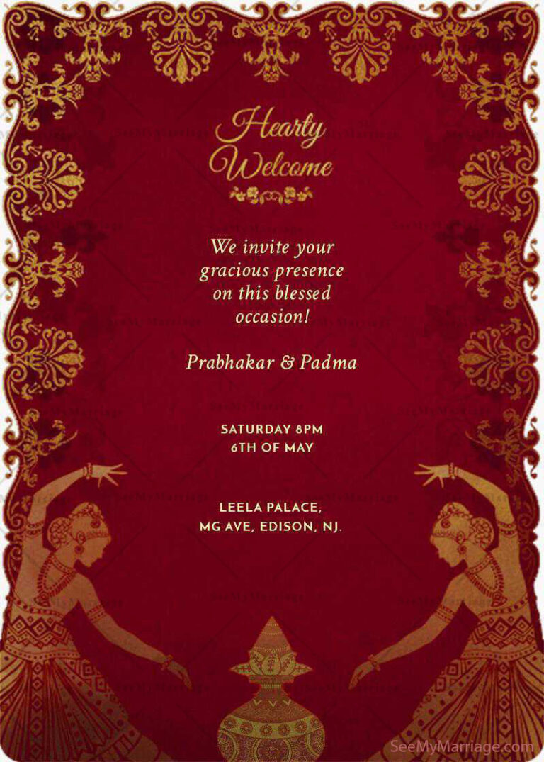 Traditional Red Theme Half Saree Function Invitation Card With Golden Text