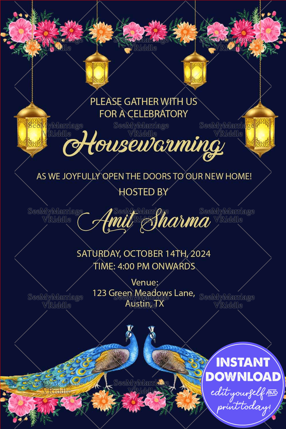 Persian Blue Theme Royal Peacock &amp; Lanterns Housewarming Invitation Card