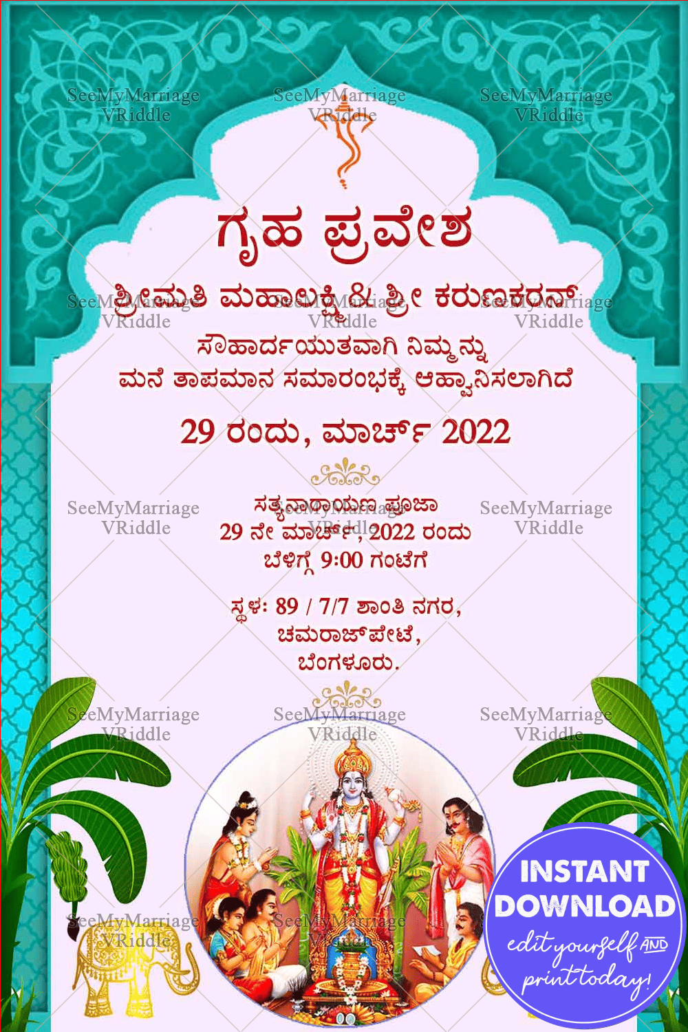 Royal Kannada Satyanarayana House Warming Invitation Card