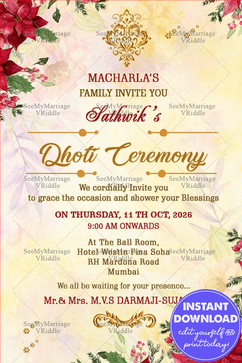 Traditional Dhoti Ceremony Invitation Card In Cream Theme