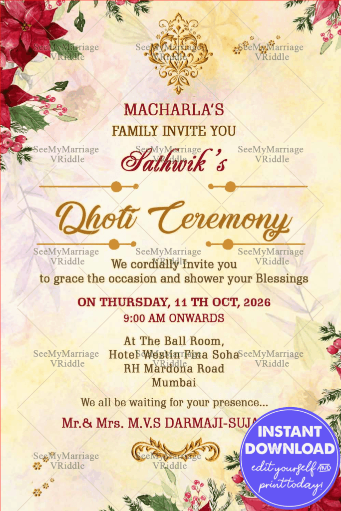 Traditional Dhoti Ceremony Invitation Card In Cream Theme