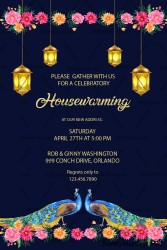 Persian Blue Theme Royal Peacock & Lanterns Housewarming Invitation Card