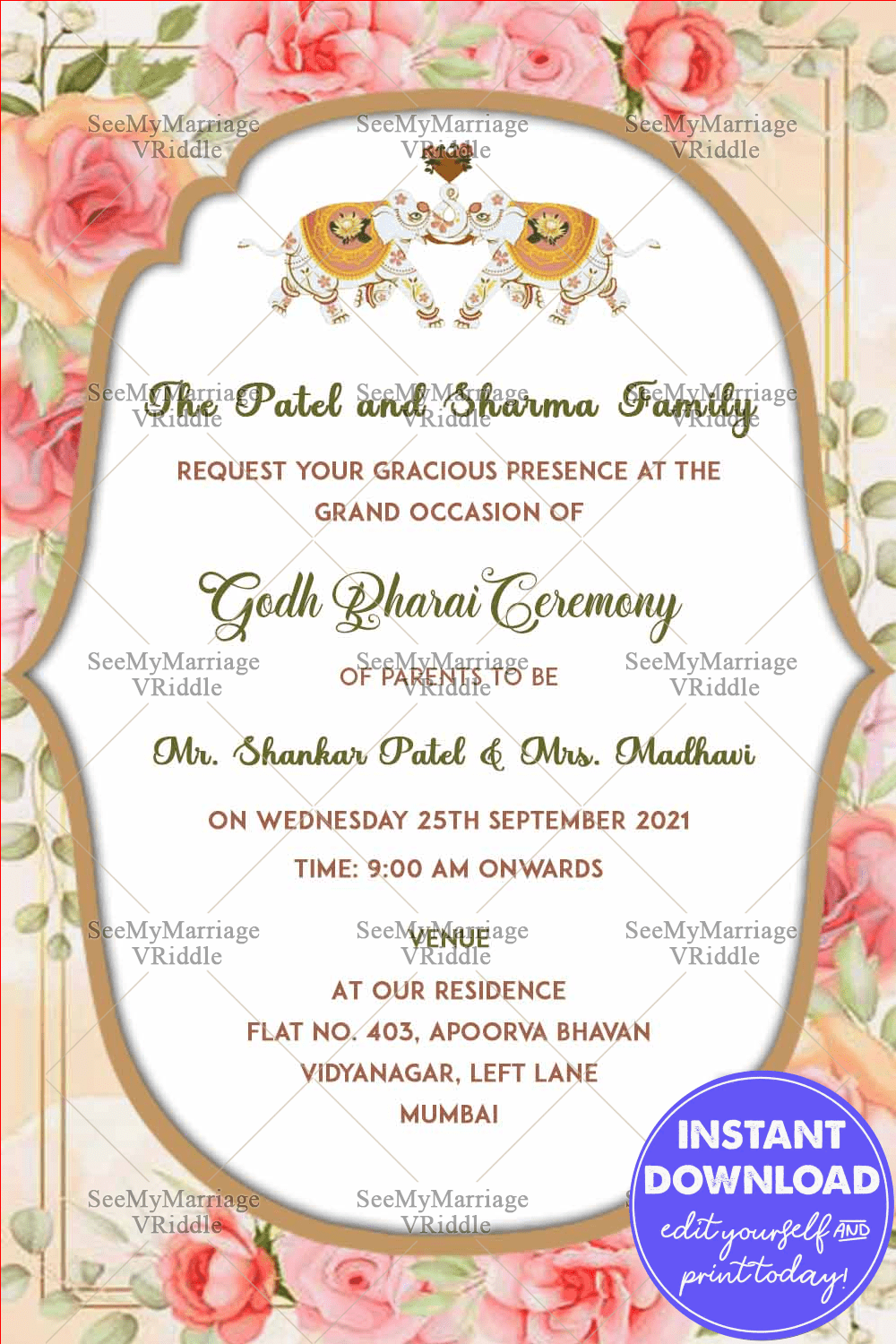 Cream And Orange Rose Floral Theme Godh Bharai Invitation Card