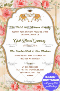 Cream And Orange Rose Floral Theme Godh Bharai Invitation Card