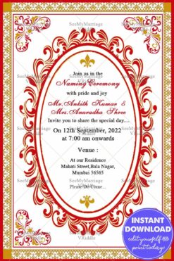 Traditional Naming Ceremony Invitation Card With Red & Cream Theme