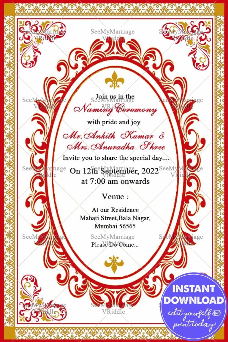 Traditional Naming Ceremony Invitation Card With Red &amp; Cream Theme