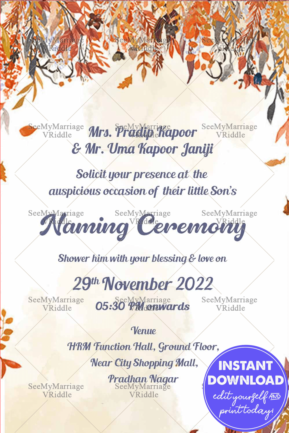 Autumn Leaf Naming Ceremony Invitation Card