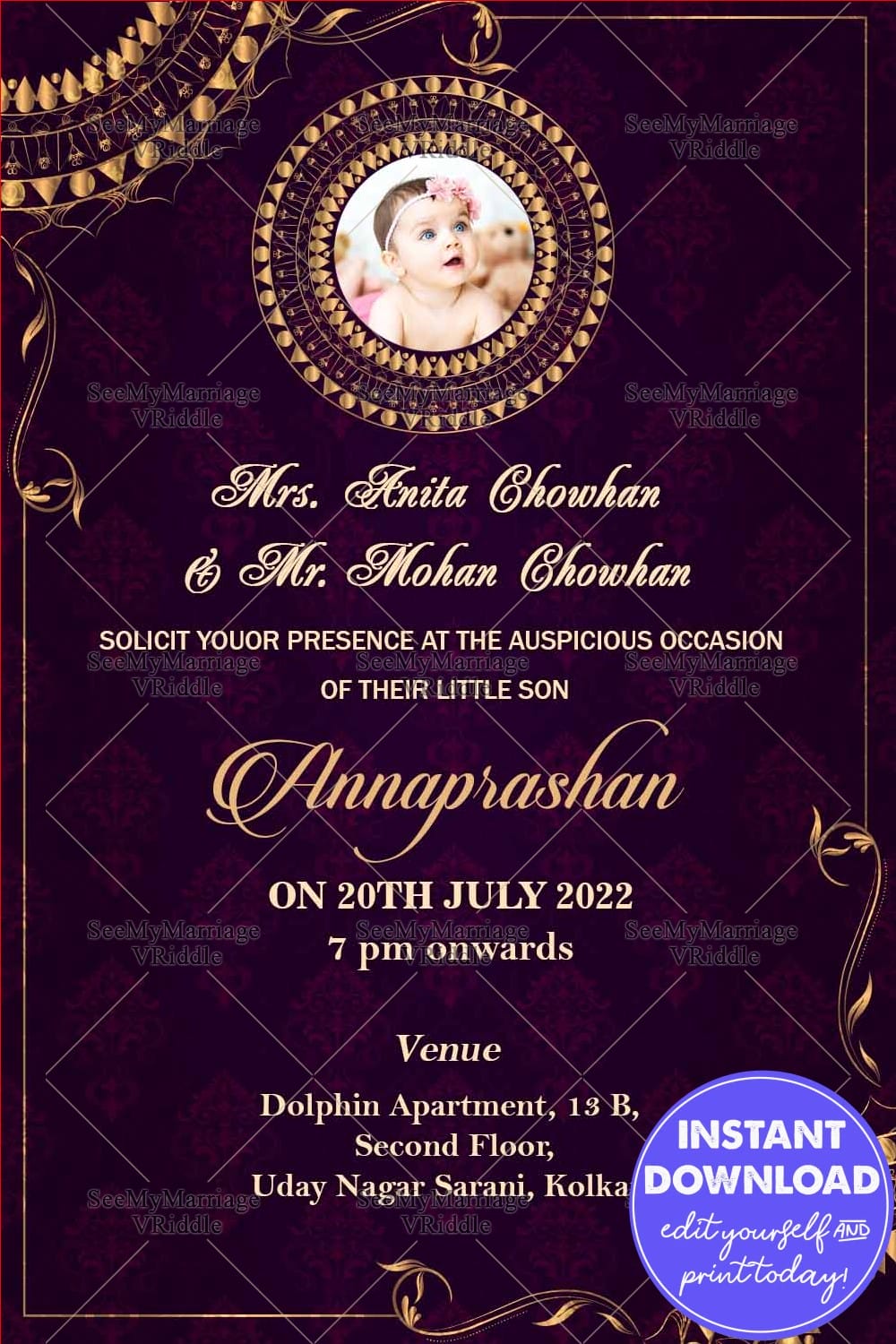 Blue Mandala Theme Annaprasan Invitation Card
