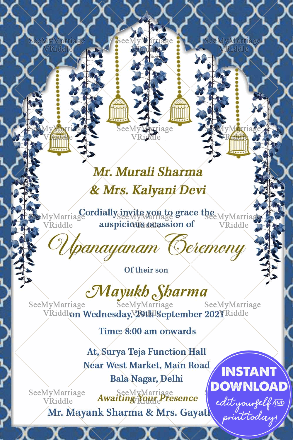 Blue Theme Upanayanam Ceremony Invitation Card Decorated With Hanging Bells And Florals