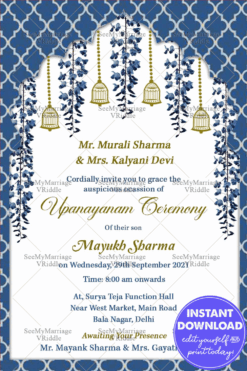 Blue Theme Upanayanam Ceremony Invitation Card Decorated With Hanging Bells And Florals