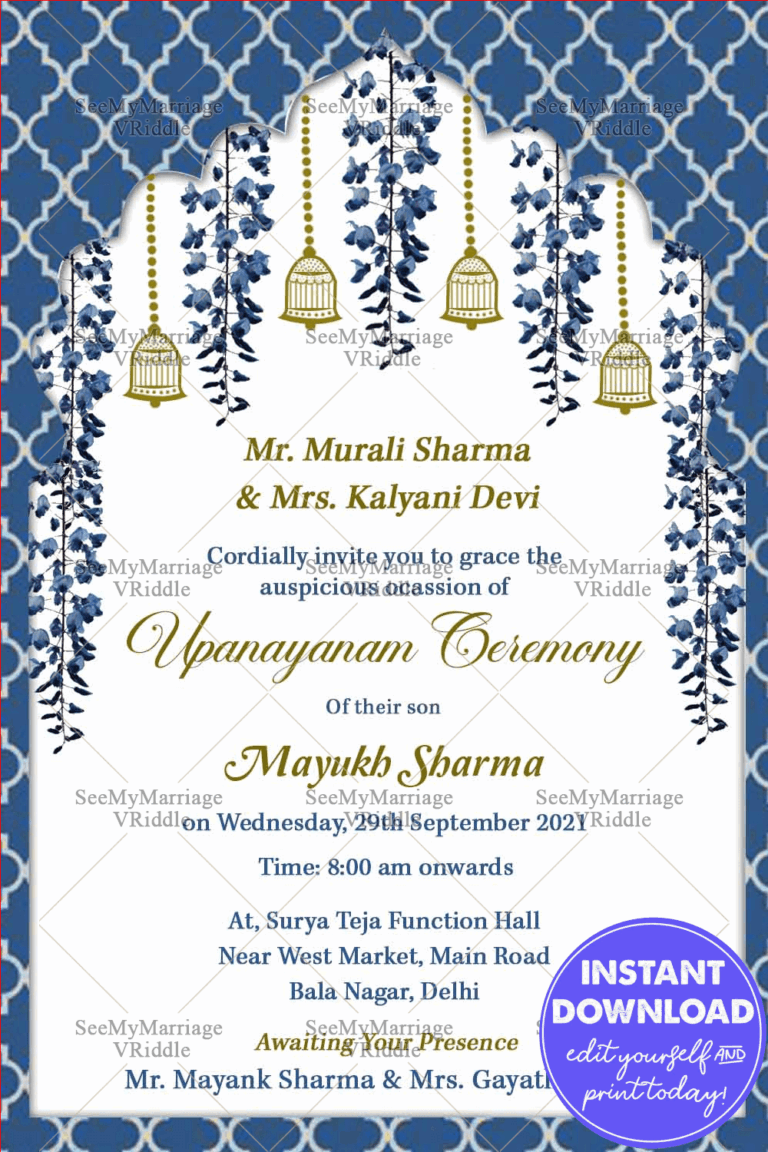 Blue Theme Upanayanam Ceremony Invitation Card Decorated With Hanging Bells And Florals