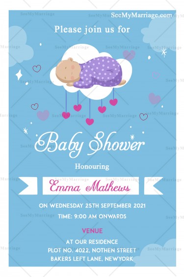 Light Sky Blue Theme Baby Shower Invitation Card With Cute Love Symbols