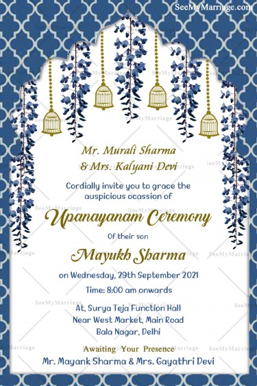 Blue Theme Upanayanam Ceremony Invitation Card Decorated With Hanging Bells And Florals