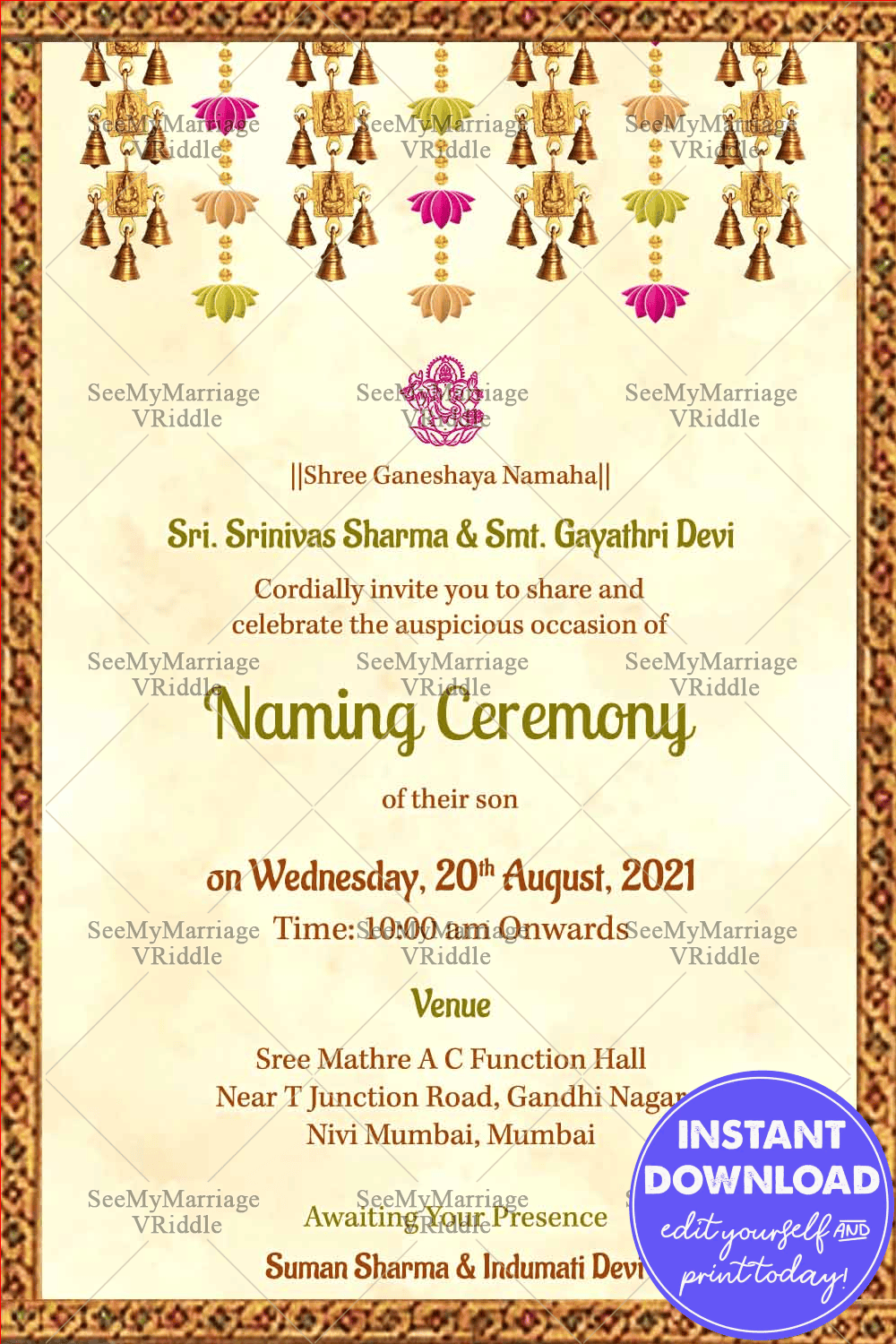 Cream And Golden Bordered Theme Naming Ceremony Invitation Card