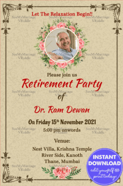 Cream And Rose Floral Theme Retirement Invitation Card
