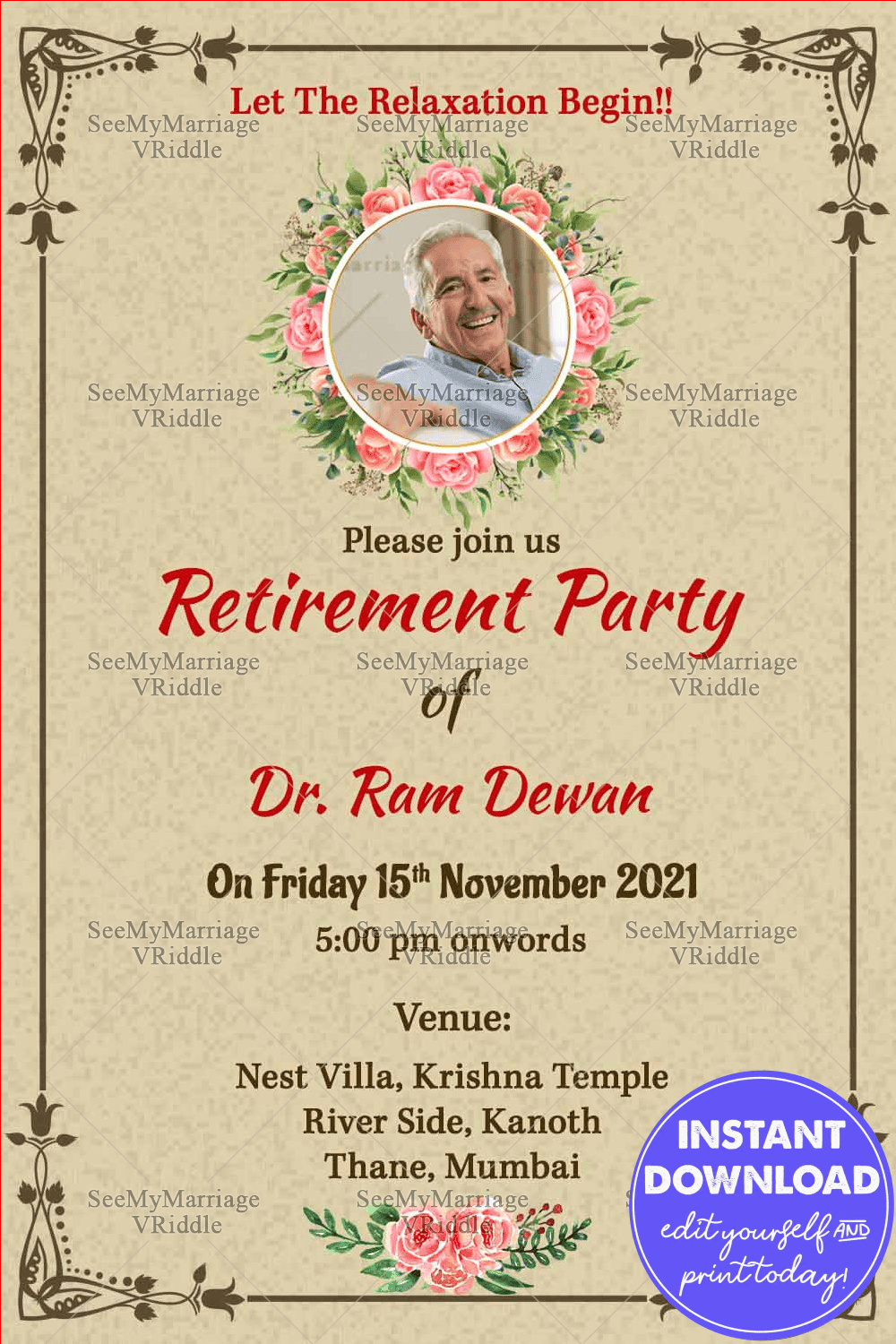 Cream And Rose Floral Theme Retirement Invitation Card