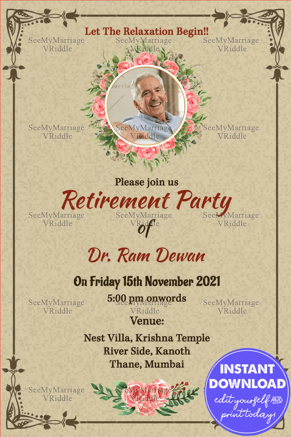 Cream And Rose Floral Theme Retirement Invitation Card