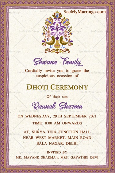 Cream And Violet Theme Dhoti Ceremony Card