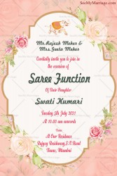 Pink And Cream Floral Theme Half Saree Invitation Card In Light Orange Background