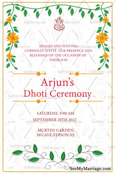 Simple Floral Dhoti Ceremony Invitation Card