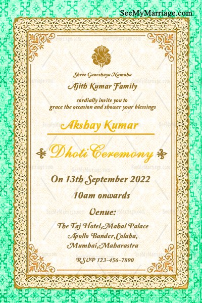 Traditional Dhoti Ceremony Invitation Card With Cream & Green Theme ...