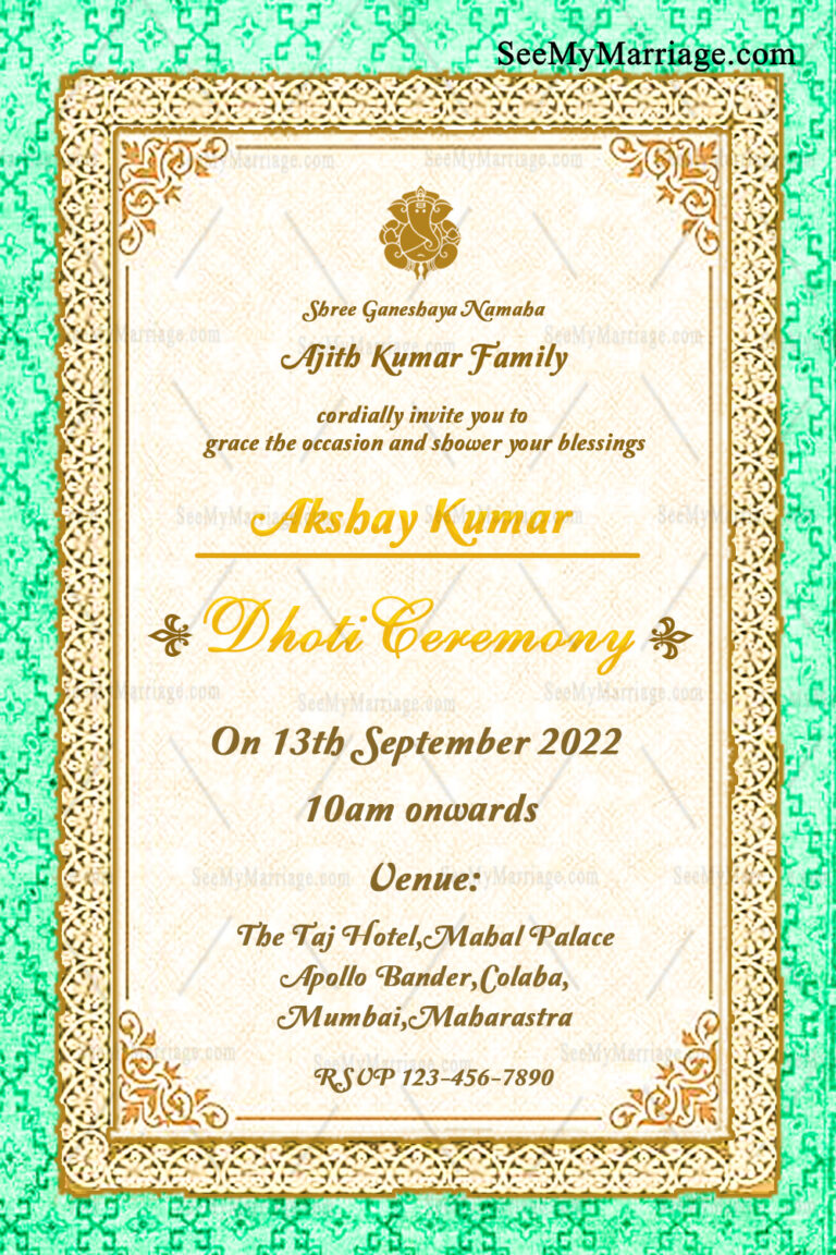 Traditional Dhoti Ceremony Invitation Card With Cream &amp; Green Theme
