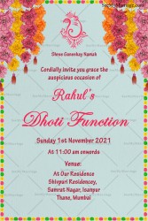 Traditional Sky Blue Theme Dhoti Ceremony Invitation Card With Hanging Marigold Flowers