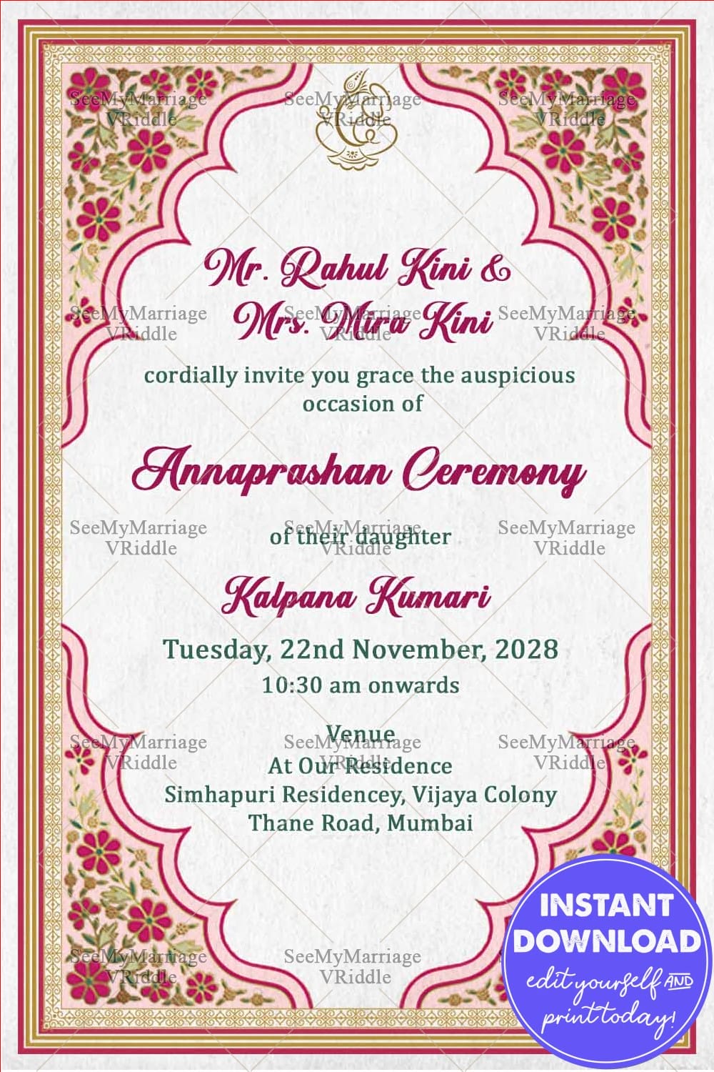 Elegant Floral Frame Theme First Rice Eating Ceremony Invitation Card