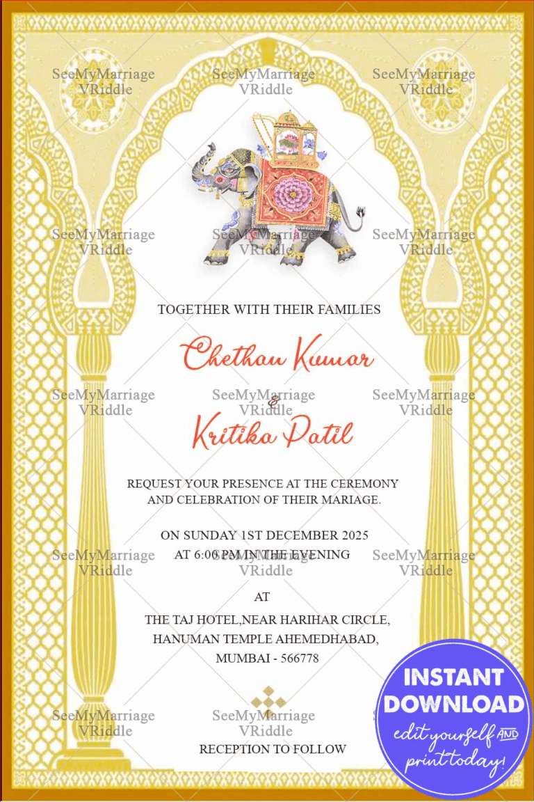 Mandap & Elephant Theme Punjabi Wedding Invitation Card