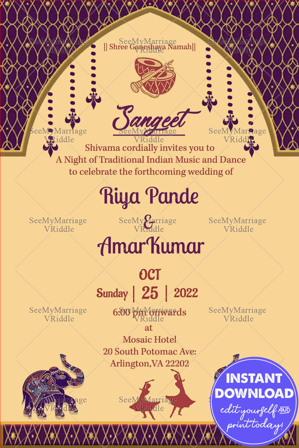 Elephant Theme Traditional Sangeet Invitation Card