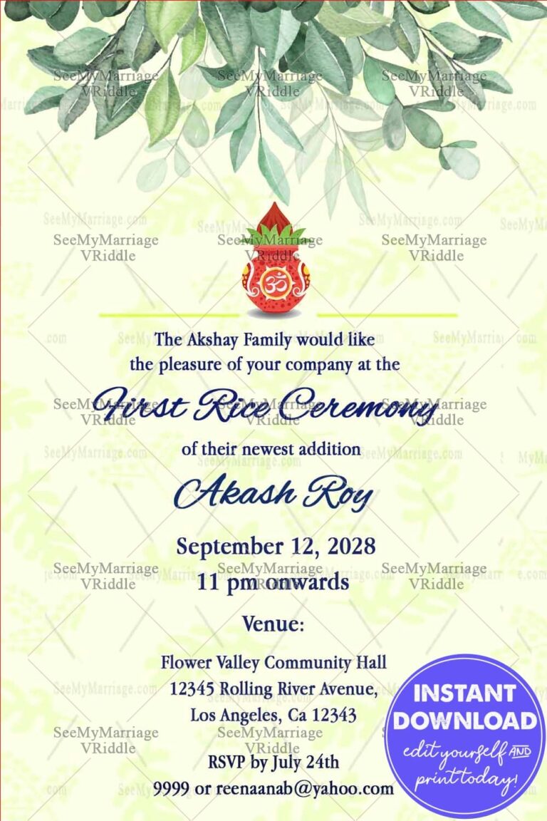 First Rice Ceremony Invitation Card With Watercolour Floral Theme
