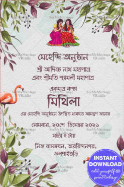 Flamingo Theme Bengali Mehndi Invitation Card | ID: ec_11409