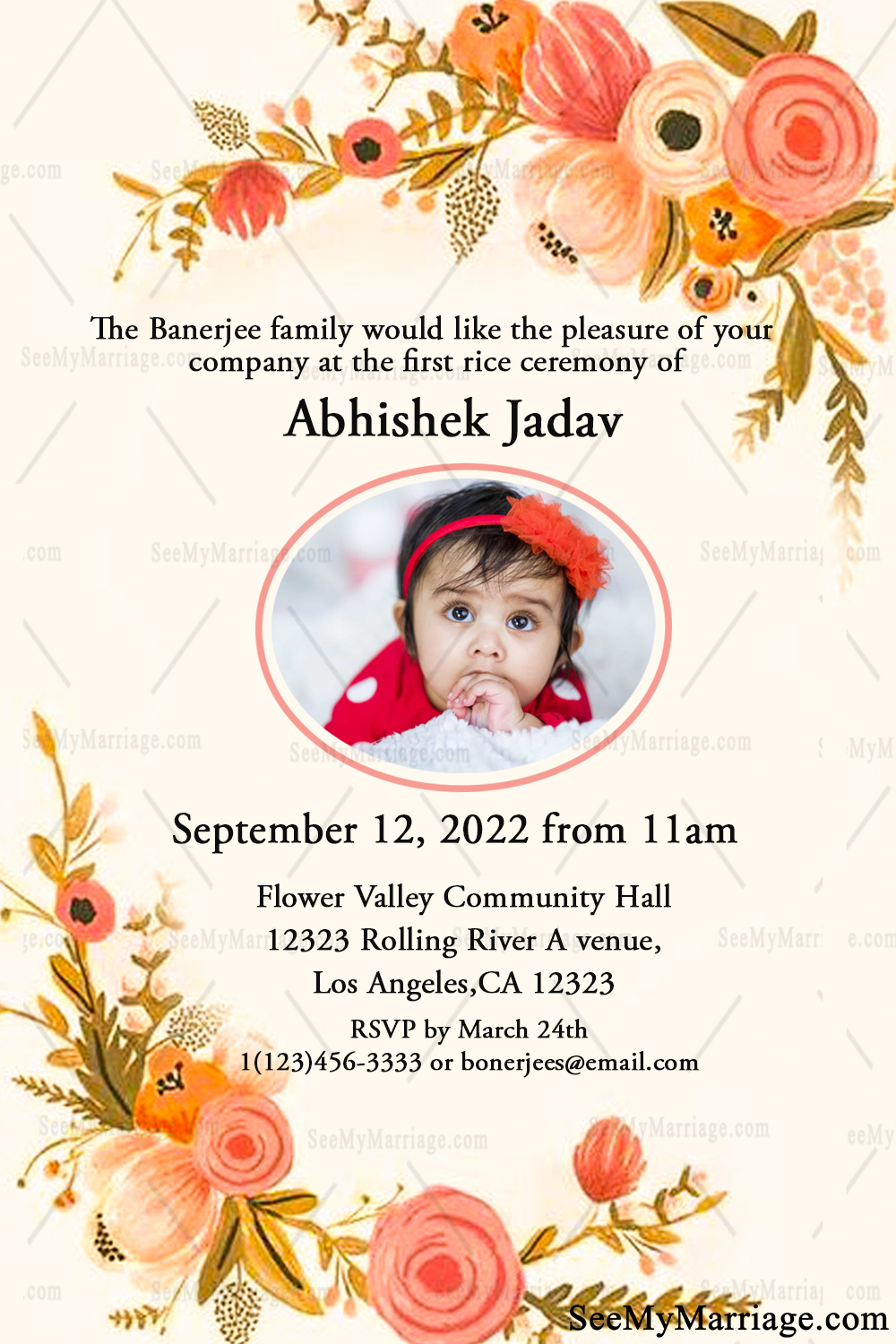 Floral Flowers Cream Theme Annaprasana Invitation Card