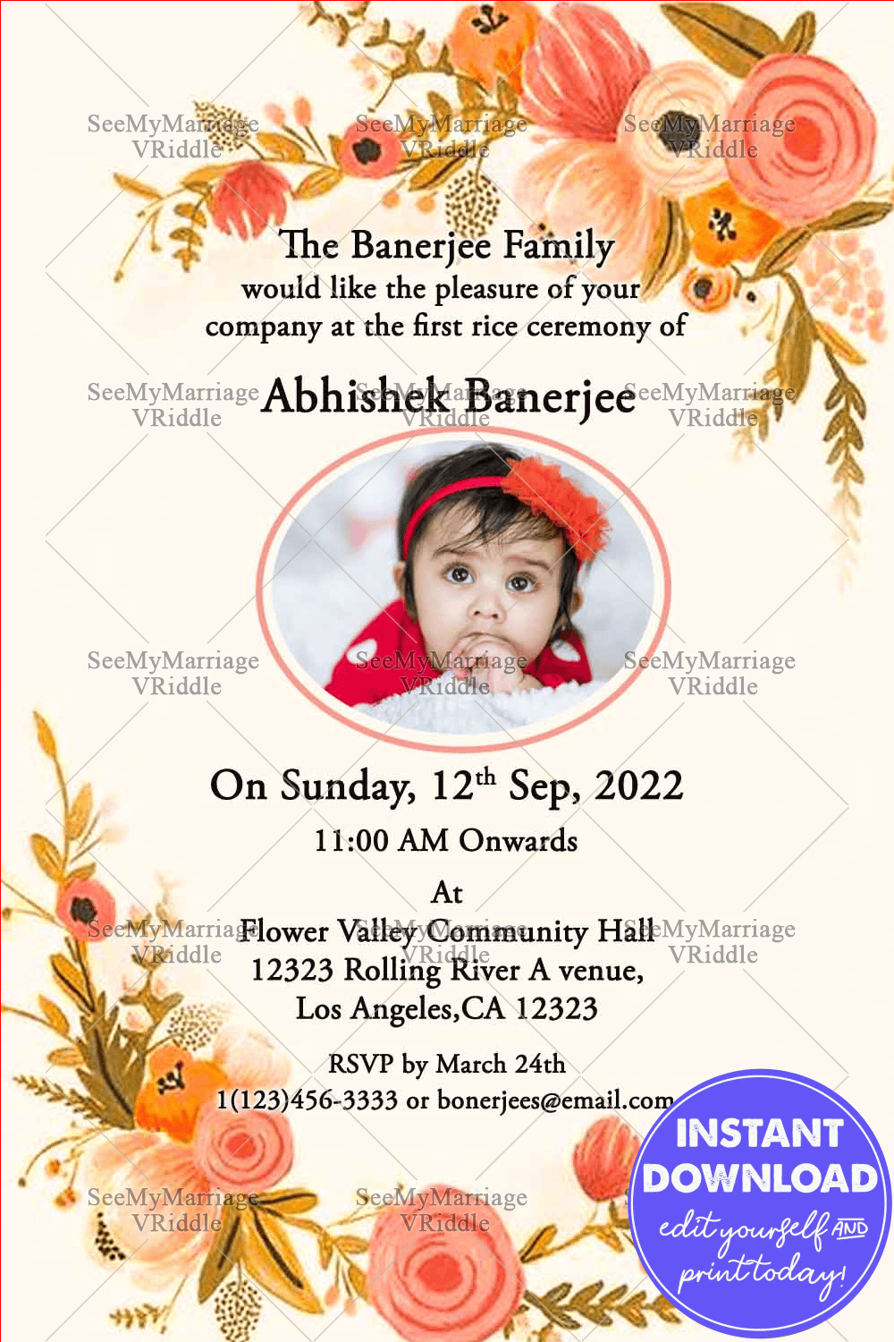 Floral Flowers Cream Theme Annaprasana invitation card