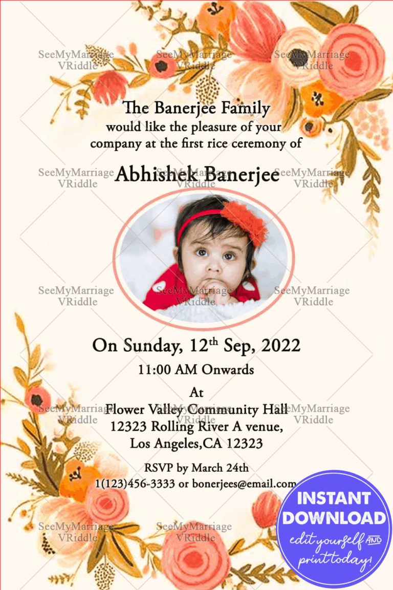 Floral Flowers Cream Theme Annaprashana Invitation Card