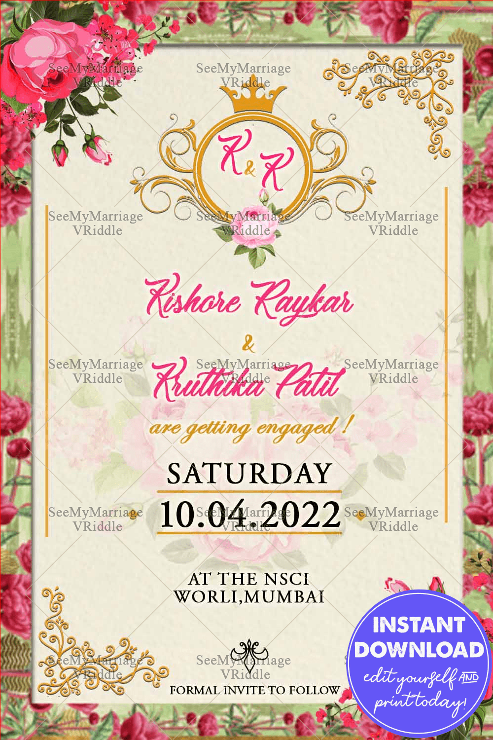 Floral Flowers Engagement Invitation Card With Pink & Cream Theme