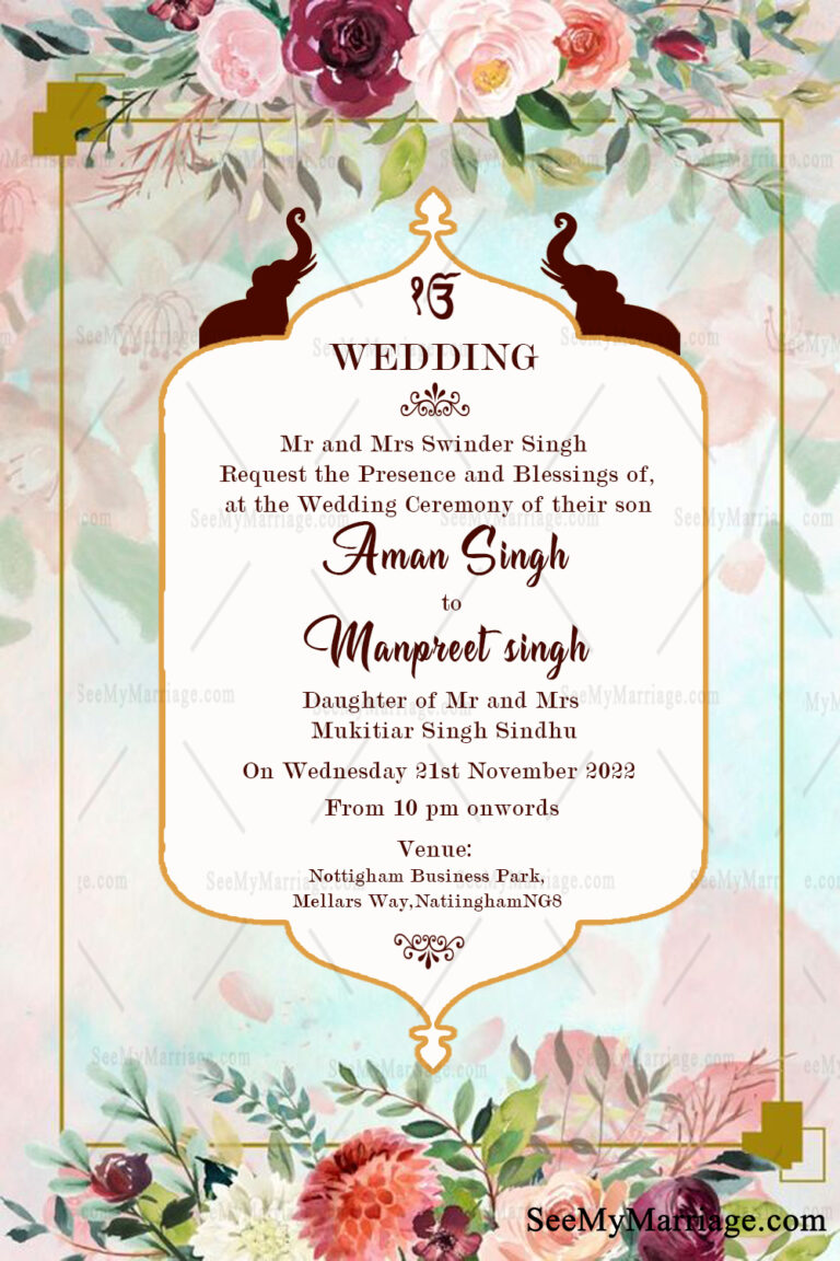 Royal Floral Flowers & Elephant Theme Punjabi Wedding Invitation Card