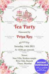 Formal Tea Party Invitation Card In Floral Theme With Teapot And Cups Illustrations